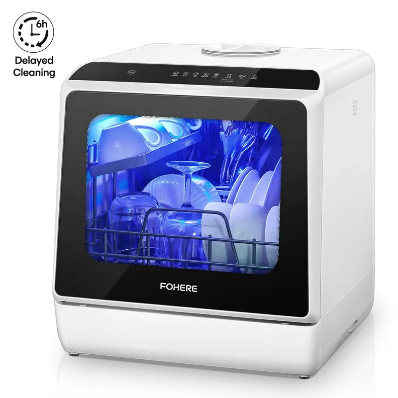 Countertop Dishwasher, Compact Portable Dishwasher with 6 Wash Cycles, 360° Dual Spray, 167°F High-Temp Clean & Delay Timer, Stainless Steel for Apartments, RVs & Small Kitchens