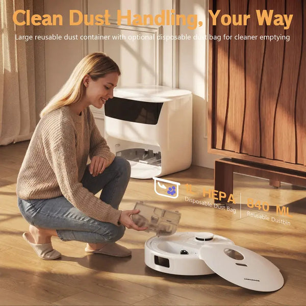 Robot Vacuum and Mop Combo, 8000Pa Strong Suction, All-in-One Base Station with Self-Emptying & Auto Mop Washing Drying, Tangle-Free, Smart Obstacle Avoidance, Ideal for Pet Hair, Hard Floors (8L Base)
