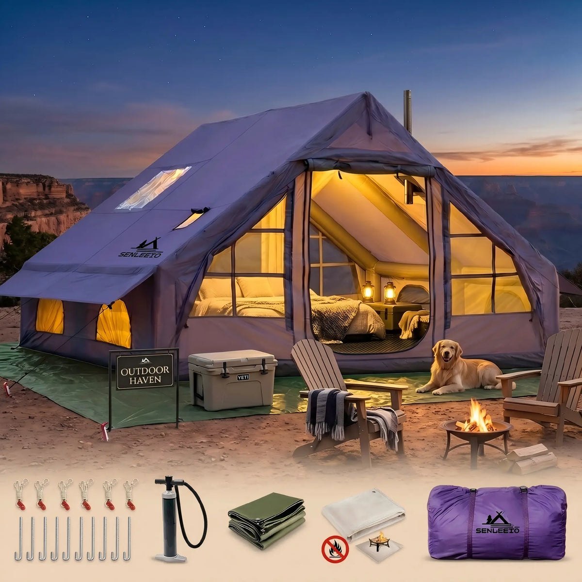 Luxury Inflatable Glamping Tent with Stove Jack & AC Port, 4-Season Waterproof Family Camping Air Tent, Fast Setup Air Beam Cabin Shelter