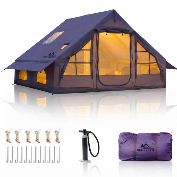 Luxury Inflatable Glamping Tent with Stove Jack & AC Port, 4-Season Waterproof Family Camping Air Tent, Fast Setup Air Beam Cabin Shelter