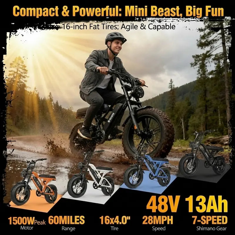 Adult Fat Tire Electric Bike, 16" All-Terrain Puncture-Resistant E-Bike with 1500W Peak Motor, 48V 13Ah Battery, Dual Suspension, 60-Mile Range, 28 MPH Max Speed, Commuting & Camping