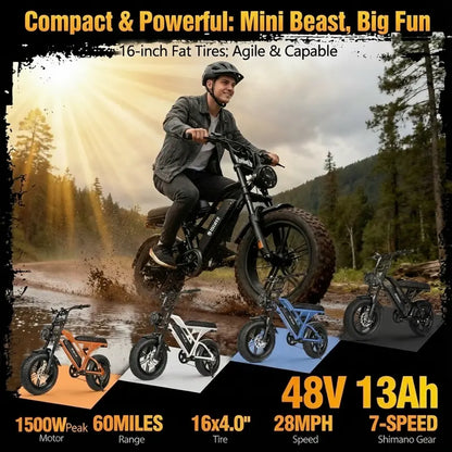 Adult Fat Tire Electric Bike, 16" All-Terrain Puncture-Resistant E-Bike with 1500W Peak Motor, 48V 13Ah Battery, Dual Suspension, 60-Mile Range, 28 MPH Max Speed, Commuting & Camping
