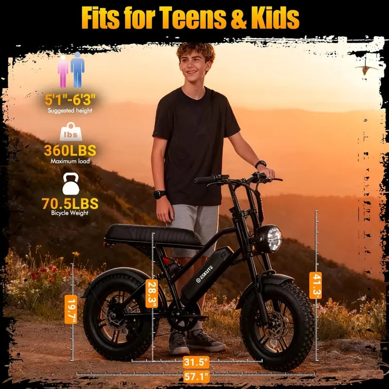 Adult Fat Tire Electric Bike, 16" All-Terrain Puncture-Resistant E-Bike with 1500W Peak Motor, 48V 13Ah Battery, Dual Suspension, 60-Mile Range, 28 MPH Max Speed, Commuting & Camping