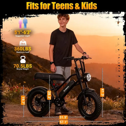 Adult Fat Tire Electric Bike, 16" All-Terrain Puncture-Resistant E-Bike with 1500W Peak Motor, 48V 13Ah Battery, Dual Suspension, 60-Mile Range, 28 MPH Max Speed, Commuting & Camping
