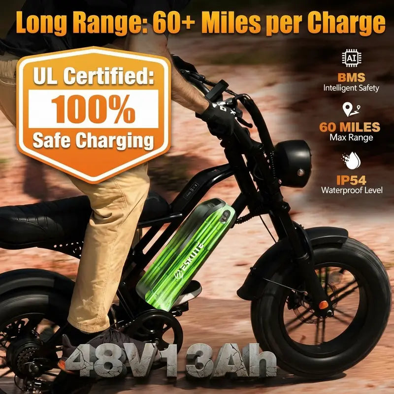 Adult Fat Tire Electric Bike, 16" All-Terrain Puncture-Resistant E-Bike with 1500W Peak Motor, 48V 13Ah Battery, Dual Suspension, 60-Mile Range, 28 MPH Max Speed, Commuting & Camping