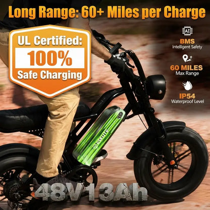 Adult Fat Tire Electric Bike, 16" All-Terrain Puncture-Resistant E-Bike with 1500W Peak Motor, 48V 13Ah Battery, Dual Suspension, 60-Mile Range, 28 MPH Max Speed, Commuting & Camping