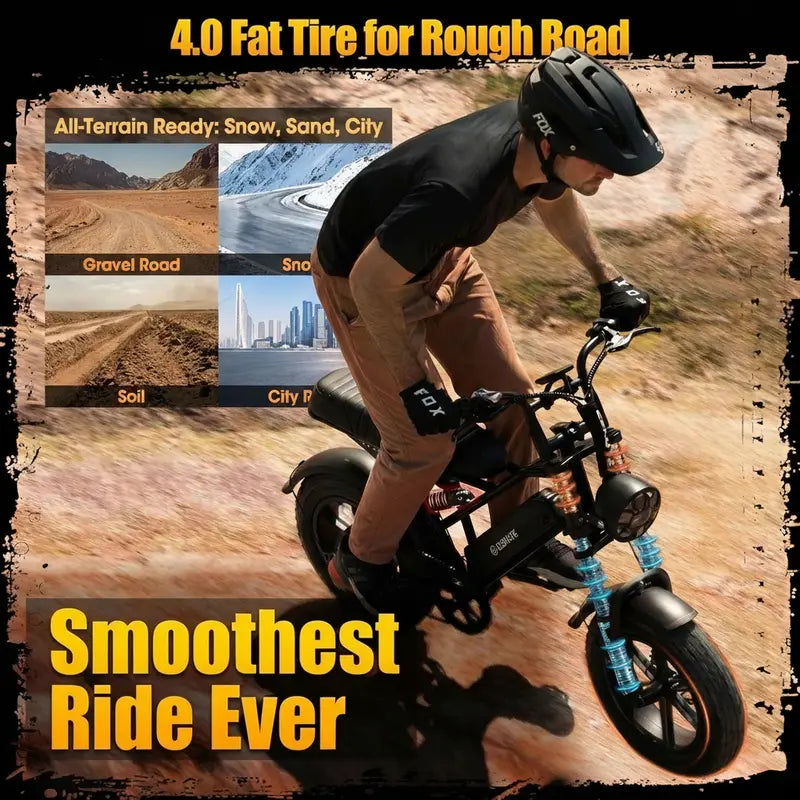 Adult Fat Tire Electric Bike, 16" All-Terrain Puncture-Resistant E-Bike with 1500W Peak Motor, 48V 13Ah Battery, Dual Suspension, 60-Mile Range, 28 MPH Max Speed, Commuting & Camping