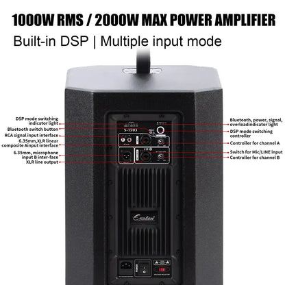 2000W Portable Line Array Column Speaker System – 15" Powered Subwoofer with Built-in DSP, Bluetooth Streaming, XLR Inputs & Carry Bag