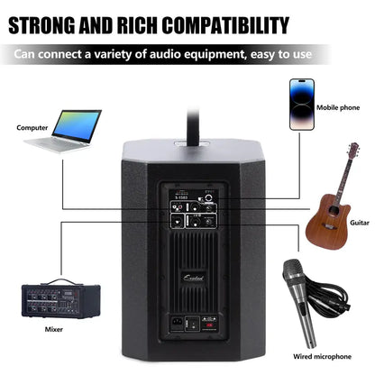 2000W Portable Line Array Column Speaker System – 15" Powered Subwoofer with Built-in DSP, Bluetooth Streaming, XLR Inputs & Carry Bag