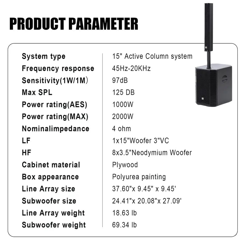 2000W Portable Line Array Column Speaker System – 15" Powered Subwoofer with Built-in DSP, Bluetooth Streaming, XLR Inputs & Carry Bag