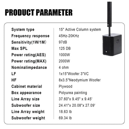 2000W Portable Line Array Column Speaker System – 15" Powered Subwoofer with Built-in DSP, Bluetooth Streaming, XLR Inputs & Carry Bag