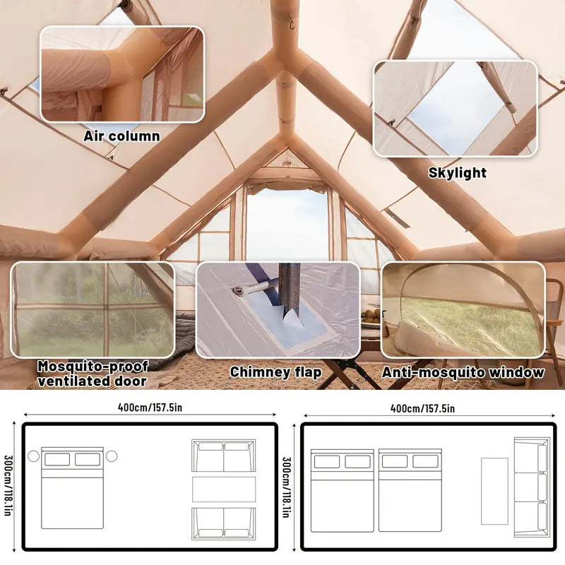 4-6 Person Inflatable Camping Tent - Large Oxford Fabric Instant Cabin Tent with Skylight, Stove Jack, Breathable Mesh & Quick Setup Glamping Shelter