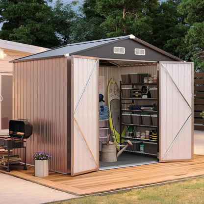 8x6 FT Metal Outdoor Storage Shed, Heavy-Duty Galvanized Steel Tool Shed with Sloped Roof, Air Vents & Lockable Double Doors for Backyard, Lawn Mower, Bike (Brown)