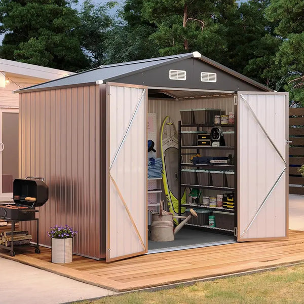 8x6 FT Metal Outdoor Storage Shed, Heavy-Duty Galvanized Steel Tool Shed with Sloped Roof, Air Vents & Lockable Double Doors for Backyard, Lawn Mower, Bike (Brown)