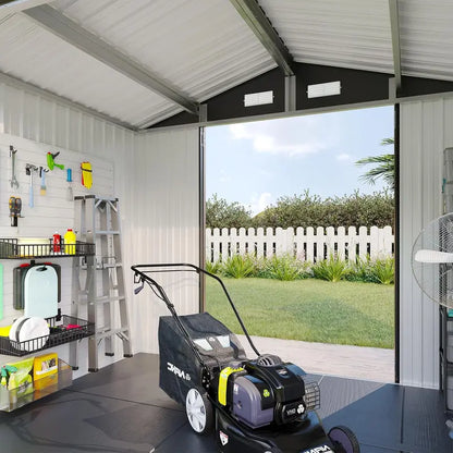 8x6 FT Metal Outdoor Storage Shed, Heavy-Duty Galvanized Steel Tool Shed with Sloped Roof, Air Vents & Lockable Double Doors for Backyard, Lawn Mower, Bike (Brown)