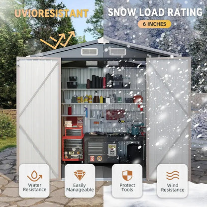 8x6 FT Metal Outdoor Storage Shed, Heavy-Duty Galvanized Steel Tool Shed with Sloped Roof, Air Vents & Lockable Double Doors for Backyard, Lawn Mower, Bike (Brown)