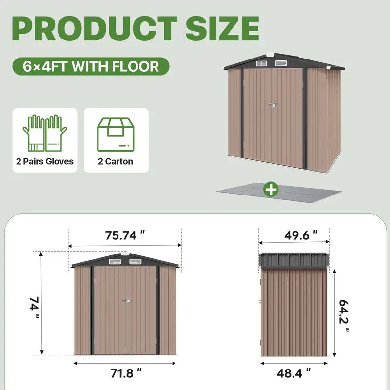 8x6 FT Metal Outdoor Storage Shed, Heavy-Duty Galvanized Steel Tool Shed with Sloped Roof, Air Vents & Lockable Double Doors for Backyard, Lawn Mower, Bike (Brown)