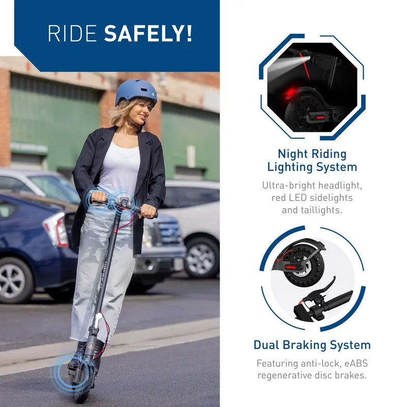 Adult Electric Scooter - Commuting Scooter with 350W Motor, 19 MPH Top Speed, 17 Miles Long Range, 8.5" Tires, Double Braking System, Rear Suspension, App Control & Bright LED Lights, Portable Folding Design