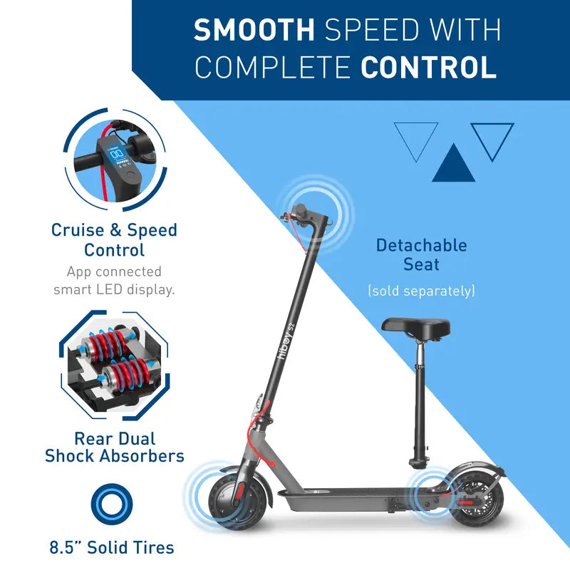 Adult Electric Scooter - Commuting Scooter with 350W Motor, 19 MPH Top Speed, 17 Miles Long Range, 8.5" Tires, Double Braking System, Rear Suspension, App Control & Bright LED Lights, Portable Folding Design