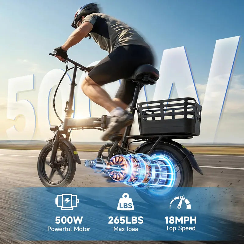 Adult Folding Electric Bike, 14 Compact Foldable Ebike with 500W Motor, 18 MPH Max Speed, 30 Mile Range, 12Ah Battery, 3 Riding Modes, UL & GCC Certified City Commuter