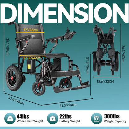 Lightweight Foldable Electric Wheelchair for Adults - 65 lbs Portable Motorized Power Wheelchair with 300 lbs Capacity, 15 KM Range, 360° Joystick, Travel-Friendly Mobility Aid