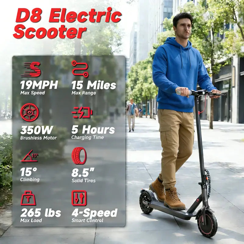 Adult & Teen Electric Scooter - 350W Motor, 19 MPH Top Speed, 22 Miles Long Range, 8.5 Solid Tires, Portable Folding Commuter E-Scooter with Smart APP, Dual Brakes, 264 lbs Max Load