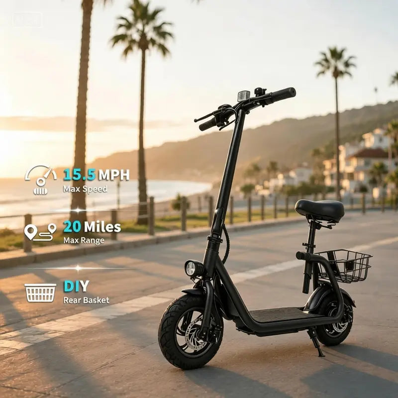 Commuter Electric Scooter with Seat - 20-Mile Range, Foldable Seated E-Scooter with Storage Basket, Dual Brakes, Lightweight Portable Design for Adults
