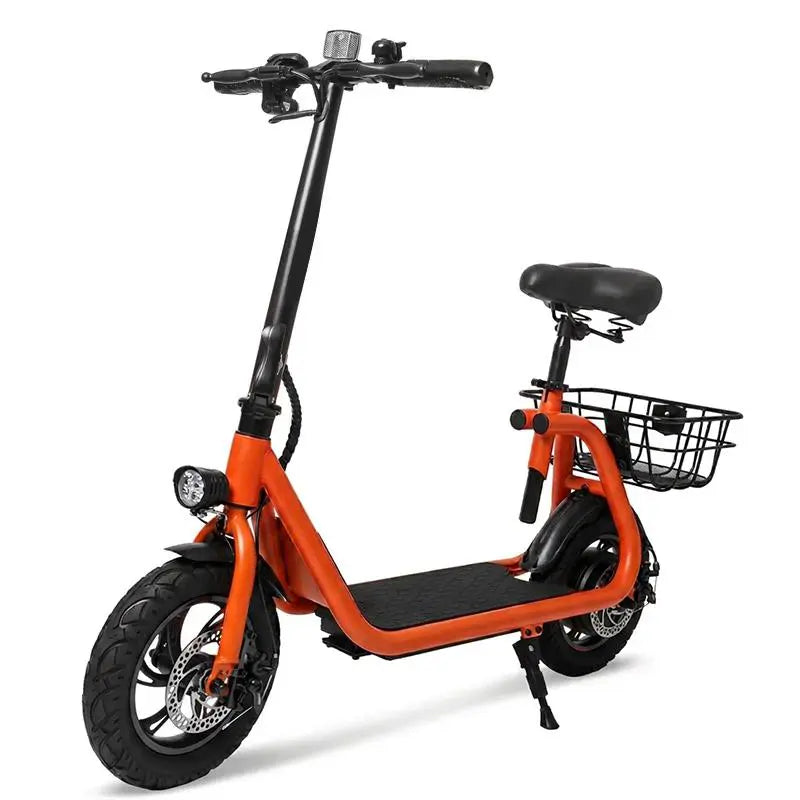 Commuter Electric Scooter with Seat - 20-Mile Range, Foldable Seated E-Scooter with Storage Basket, Dual Brakes, Lightweight Portable Design for Adults