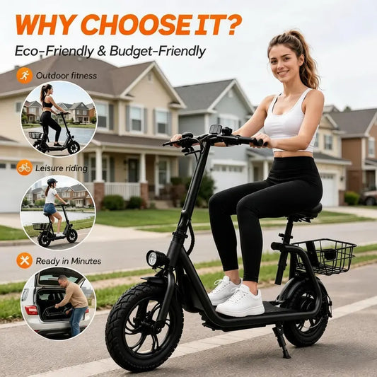 Commuter Electric Scooter with Seat - 20-Mile Range, Foldable Seated E-Scooter with Storage Basket, Dual Brakes, Lightweight Portable Design for Adults