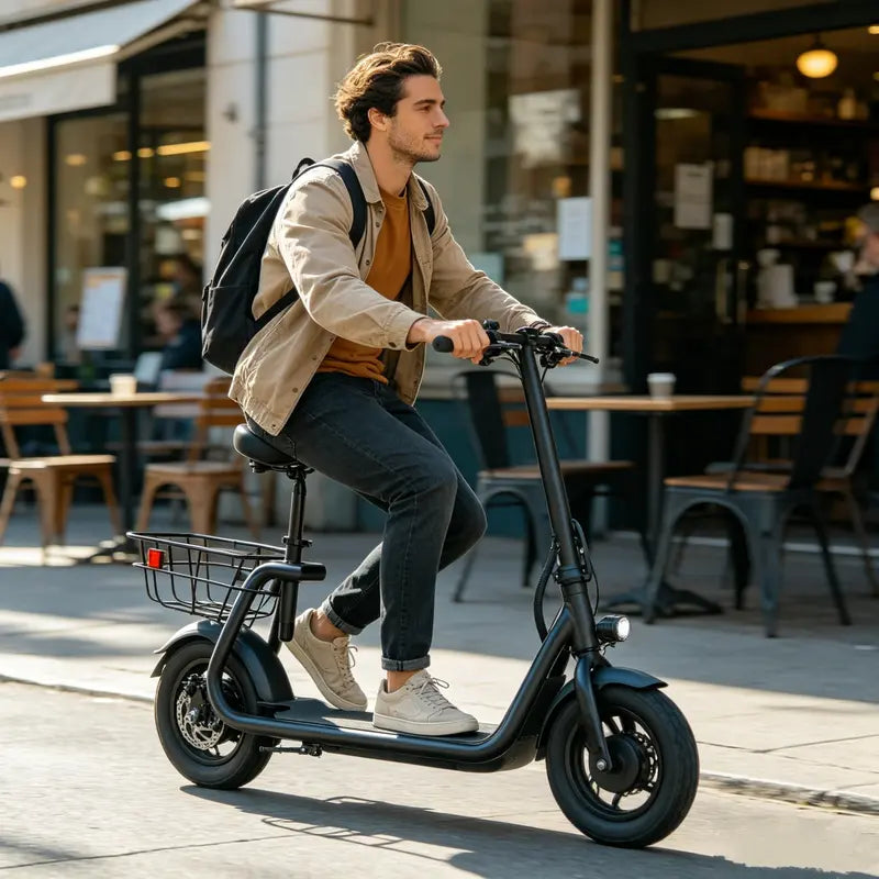 Commuter Electric Scooter with Seat - 20-Mile Range, Foldable Seated E-Scooter with Storage Basket, Dual Brakes, Lightweight Portable Design for Adults
