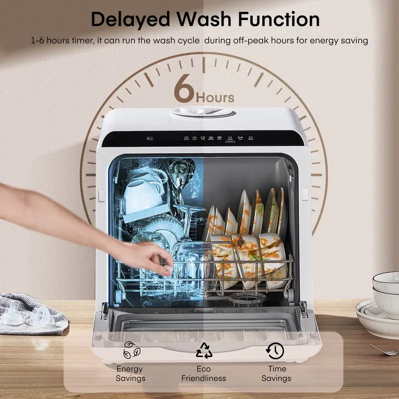 Countertop Dishwasher, Compact Portable Dishwasher with 6 Wash Cycles, 360° Dual Spray, 167°F High-Temp Clean & Delay Timer, Stainless Steel for Apartments, RVs & Small Kitchens
