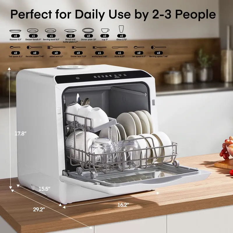 Countertop Dishwasher, Compact Portable Dishwasher with 6 Wash Cycles, 360° Dual Spray, 167°F High-Temp Clean & Delay Timer, Stainless Steel for Apartments, RVs & Small Kitchens