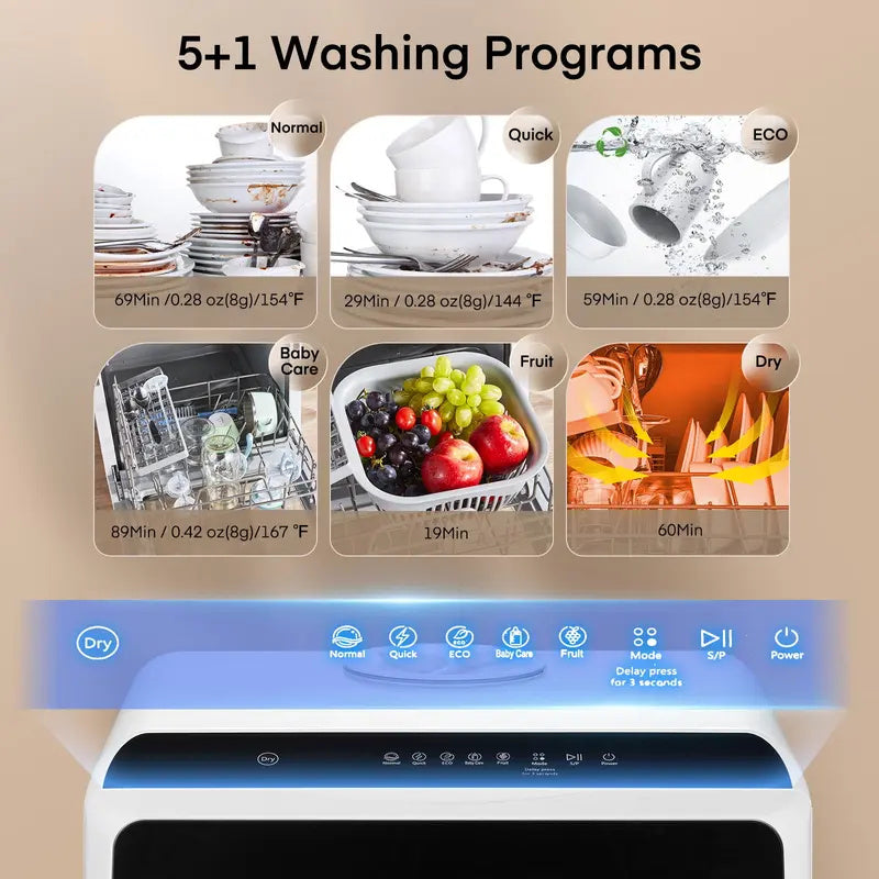Countertop Dishwasher, Compact Portable Dishwasher with 6 Wash Cycles, 360° Dual Spray, 167°F High-Temp Clean & Delay Timer, Stainless Steel for Apartments, RVs & Small Kitchens