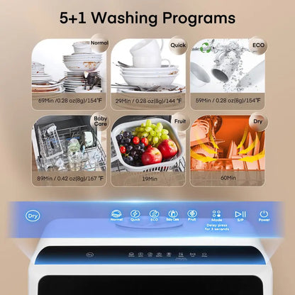 Countertop Dishwasher, Compact Portable Dishwasher with 6 Wash Cycles, 360° Dual Spray, 167°F High-Temp Clean & Delay Timer, Stainless Steel for Apartments, RVs & Small Kitchens