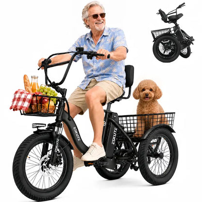 Foldable Electric Tricycle for Seniors & Adults, Low Step-Thru 3-Wheel E-Bike with 1200W Peak Motor, 624Wh Battery, 18"x3.0 Fat Tires, Rear Differential, Pedal-Assist & Throttle