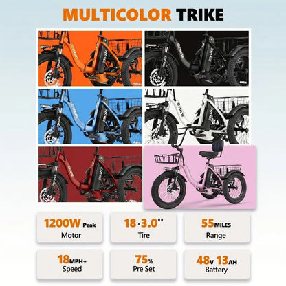 Foldable Electric Tricycle for Seniors & Adults, Low Step-Thru 3-Wheel E-Bike with 1200W Peak Motor, 624Wh Battery, 18"x3.0 Fat Tires, Rear Differential, Pedal-Assist & Throttle