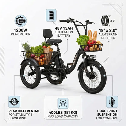 Foldable Electric Tricycle for Seniors & Adults, Low Step-Thru 3-Wheel E-Bike with 1200W Peak Motor, 624Wh Battery, 18"x3.0 Fat Tires, Rear Differential, Pedal-Assist & Throttle