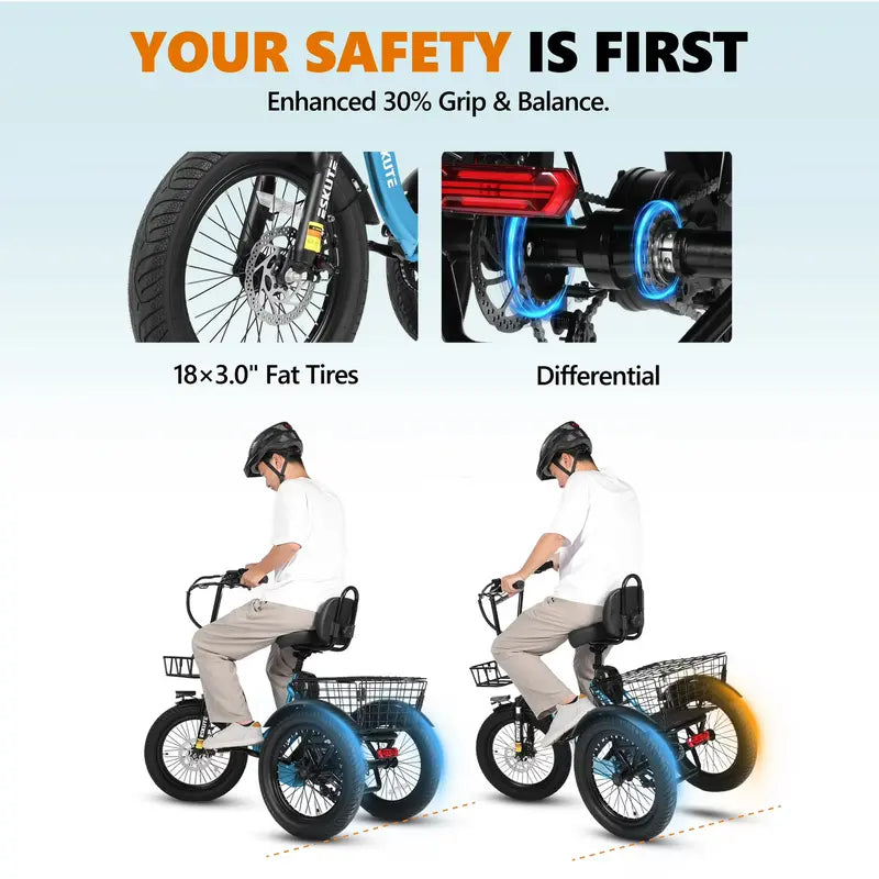 Foldable Electric Tricycle for Seniors & Adults, Low Step-Thru 3-Wheel E-Bike with 1200W Peak Motor, 624Wh Battery, 18"x3.0 Fat Tires, Rear Differential, Pedal-Assist & Throttle