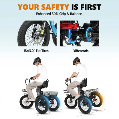 Foldable Electric Tricycle for Seniors & Adults, Low Step-Thru 3-Wheel E-Bike with 1200W Peak Motor, 624Wh Battery, 18"x3.0 Fat Tires, Rear Differential, Pedal-Assist & Throttle