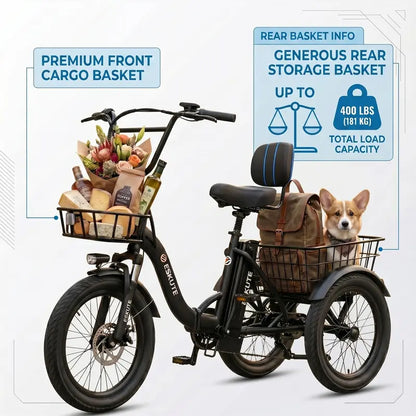 Foldable Electric Tricycle for Seniors & Adults, Low Step-Thru 3-Wheel E-Bike with 1200W Peak Motor, 624Wh Battery, 18"x3.0 Fat Tires, Rear Differential, Pedal-Assist & Throttle