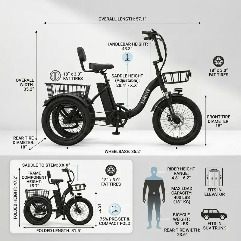 Foldable Electric Tricycle for Seniors & Adults, Low Step-Thru 3-Wheel E-Bike with 1200W Peak Motor, 624Wh Battery, 18"x3.0 Fat Tires, Rear Differential, Pedal-Assist & Throttle