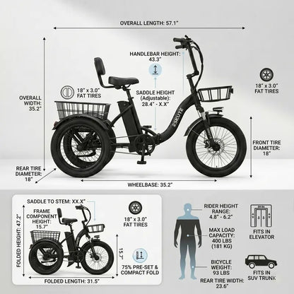 Foldable Electric Tricycle for Seniors & Adults, Low Step-Thru 3-Wheel E-Bike with 1200W Peak Motor, 624Wh Battery, 18"x3.0 Fat Tires, Rear Differential, Pedal-Assist & Throttle