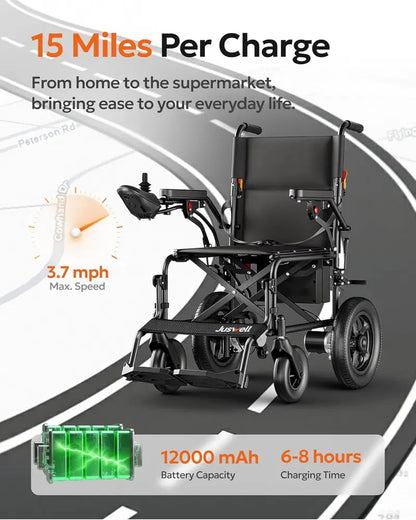Juswell Foldable Lightweight Electric Wheelchair, Motorized All-Terrain Power Wheelchair for Healthcare, Up to 30 Mile Range, 350 lbs Weight Capacity