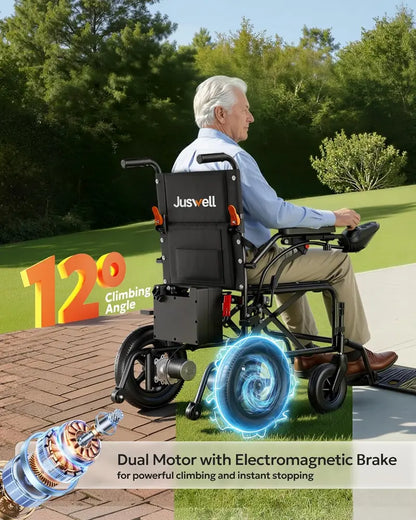 Juswell Foldable Lightweight Electric Wheelchair, Motorized All-Terrain Power Wheelchair for Healthcare, Up to 30 Mile Range, 350 lbs Weight Capacity