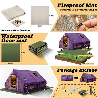 Luxury Inflatable Glamping Tent with Stove Jack & AC Port, 4-Season Waterproof Family Camping Air Tent, Fast Setup Air Beam Cabin Shelter