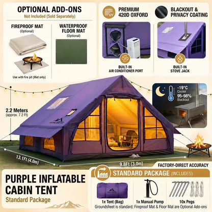 Luxury Inflatable Glamping Tent with Stove Jack & AC Port, 4-Season Waterproof Family Camping Air Tent, Fast Setup Air Beam Cabin Shelter