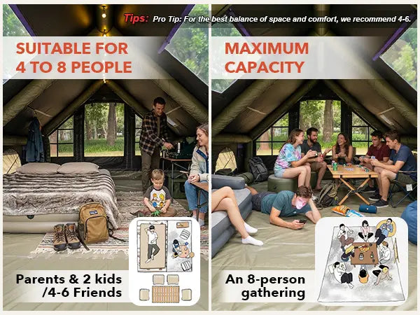 Luxury Inflatable Glamping Tent with Stove Jack & AC Port, 4-Season Waterproof Family Camping Air Tent, Fast Setup Air Beam Cabin Shelter