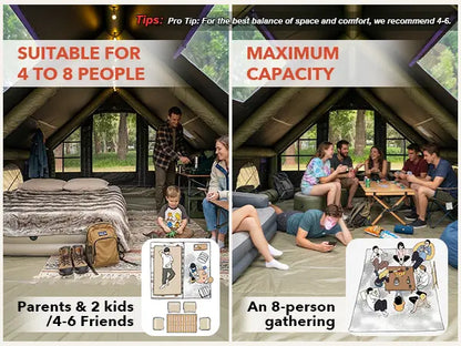 Luxury Inflatable Glamping Tent with Stove Jack & AC Port, 4-Season Waterproof Family Camping Air Tent, Fast Setup Air Beam Cabin Shelter