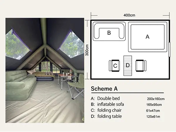 Luxury Inflatable Glamping Tent with Stove Jack & AC Port, 4-Season Waterproof Family Camping Air Tent, Fast Setup Air Beam Cabin Shelter