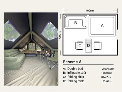 Luxury Inflatable Glamping Tent with Stove Jack & AC Port, 4-Season Waterproof Family Camping Air Tent, Fast Setup Air Beam Cabin Shelter